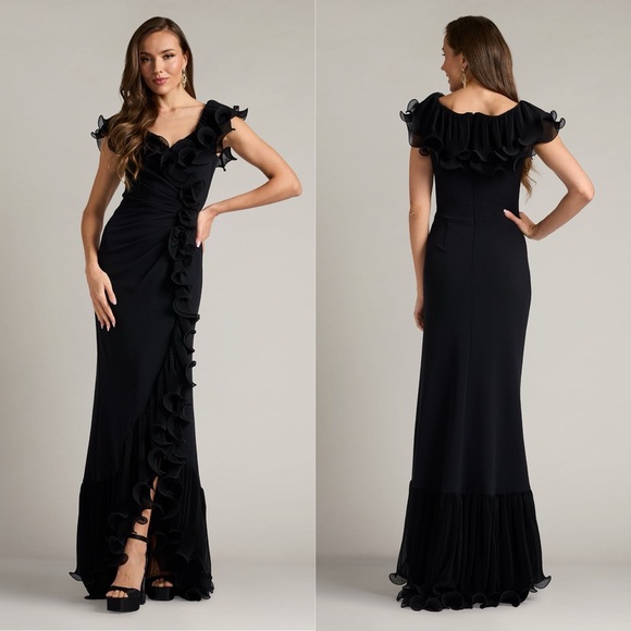 TADASHI SHOJI NEW Leandra Cascading Ruffle Black Gown S